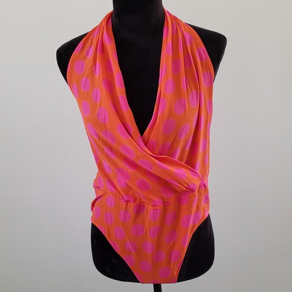 Escada Tops - B2G1 Vintage Escada Orange Polka Dot Silk Bodysuit